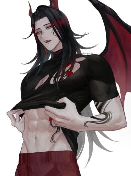 1boy abs arm_tattoo bishounen black_hair chest_tattoo clothes_lift commentary demon_boy demon_horns demon_wings english_commentary highres hip_bones horns lifting_own_clothes looking_at_viewer male_focus multicolored_hair navel nijisanji nijisanji_en open_mouth orange_eyes red_hair shirt shirt_lift signature solo streaked_hair tattoo toned toned_male torn_clothes torn_shirt twitter_username two-tone_hair upper_body virtual_youtuber vox_akuma w wings yui930