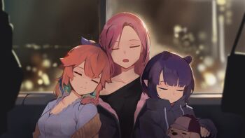 2others 3girls absurdres black_jacket black_shirt blurry blurry_background blush bokeh breasts bubba_(watson_amelia) closed_eyes closed_mouth collarbone commentary depth_of_field earrings ebi-chan_(gawr_gura) english_commentary feather_earrings feathers forehead green_hair highres hololive hololive_english jacket jewelry long_hair long_sleeves mole mole_under_eye mori_calliope multiple_girls multiple_others namiorii night ninomae_ina&#039;nis open_mouth orange_hair pink_hair purple_hair shirt sleeping sleeves_past_wrists takanashi_kiara train_interior virtual_youtuber white_shirt