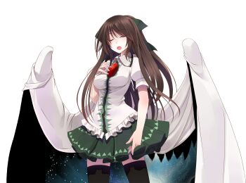 1girl black_thighhighs bow breasts brown_hair cape closed_eyes collared_shirt commentary_request cowboy_shot crote facing_viewer feathered_wings fingernails frilled_skirt frills green_bow green_skirt hair_bow hand_on_own_chest hand_up highres large_variant_set legs_apart long_hair medium_breasts open_mouth puffy_short_sleeves puffy_sleeves reiuji_utsuho shirt short_sleeves skirt solo standing tachi-e teeth thighhighs third_eye touhou transparent_background u_u upper_teeth_only variant_set white_shirt wings