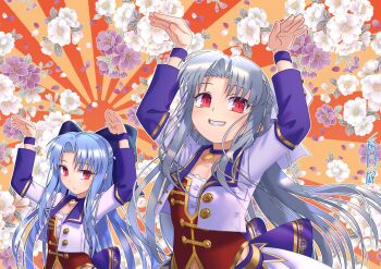 2girls arms_up blue_hair blush commentary_request commission flower grey_hair highres len_(tsukihime) long_hair looking_at_viewer melty_blood multiple_girls okuribi parody petals red_eyes skeb_commission smile starting_future_(umamusume) sunburst sunburst_background tsukihime umamusume umapyoi_densetsu white_len_(tsukihime)