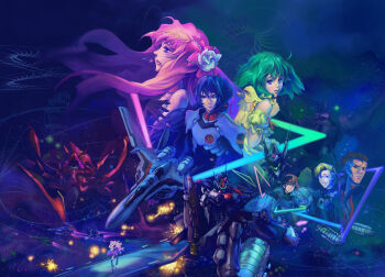 2girls 4boys aircraft airplane alien armor artist_request back-to-back bare_shoulders battle battle_frontier blonde_hair blush bob_cut bodysuit brown_hair concert detached_sleeves dress emblem explosion fleet glasses green_hair jet long_hair looking_at_viewer luca_angeloni macross macross_frontier mecha mikhail_buran monster multiple_boys multiple_girls ozma_lee parted_lips pilot_suit ponytail profile puffy_short_sleeves puffy_sleeves ranka_lee robot s.m.s. saotome_alto science_fiction sheryl_nome short_hair short_sleeves space spacecraft stage star_(sky) triangle vajra_(macross) vf-25