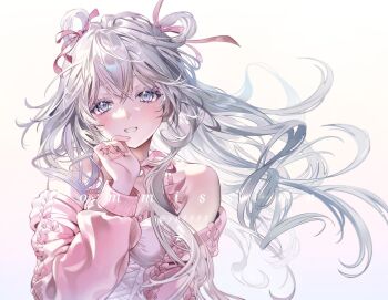 1girl armpit_crease bare_shoulders bow commission crossed_bangs floating_hair frills hair_ribbon hand_up highres long_hair looking_at_viewer off_shoulder original parted_lips pink_bow pink_sweater ribbon smile sweater white_background white_eyes white_hair yp1091