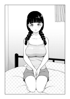 1girl bare_arms bare_shoulders bedroom black_hair blunt_bangs border braid breasts camisole collarbone greyscale highres kx_rx_hx large_breasts long_hair looking_at_viewer monochrome on_bed original own_hands_together parted_lips seiza shorts sitting solo twin_braids unmoving_pattern white_border