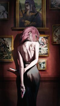 Rule 34 | 1girl, arms behind back, back tattoo, backless dress, backless outfit, black dress, commentary, damaged, dress, fine art parody, green eyes, gun, hanako nana, hand on own elbow, handgun, hashtag-only commentary, highres, holding, holding gun, holding knife, holding weapon, hwan (user cvmy2758), indoors, knife, long hair, looking at viewer, mona lisa, painting (object), parody, picture frame, pink hair, solo, spider web tattoo, stellive, symbol-only commentary, tattoo, turning head, virtual youtuber, weapon