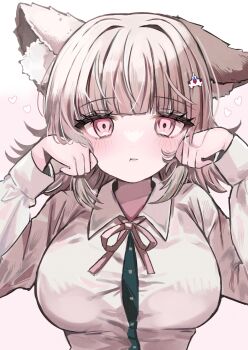 1girl animal_ears black_shirt blush breasts cat_ears cat_girl danganronpa_(series) danganronpa_2:_goodbye_despair dress_shirt hair_ornament hands_up heart highres jacket large_breasts medium_hair nanami_chiaki neck_ribbon no_jacket paw_pose pink_eyes pink_ribbon ribbon shirt solo uto_(inutanukawaii) white_shirt