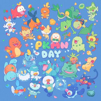 Rule 34 | berry (pokemon), blue background, branch, bubble, bulbasaur, charmander, cheri berry, chespin, chikorita, chimchar, commentary request, cyndaquil, evolution stone, evolutionary stone, feathers, fennekin, fire, flame-tipped tail, froakie, fuecoco, gen 1 pokemon, gen 2 pokemon, gen 3 pokemon, gen 4 pokemon, gen 5 pokemon, gen 6 pokemon, gen 7 pokemon, gen 8 pokemon, gen 9 pokemon, grookey, happy, heart scale, highres, kinokorin, leaf stone, litten, mixed-language commentary, mudkip, nintendo, open mouth, oran berry, oshawott, piplup, pokemon, pokemon (creature), pokemon day, popplio, quaxly, rowlet, scorbunny, simple background, sitrus berry, smile, snivy, sobble, solid oval eyes, sprigatito, squirtle, starter pokemon trio, tail, tepig, torchic, totodile, treecko, turtwig