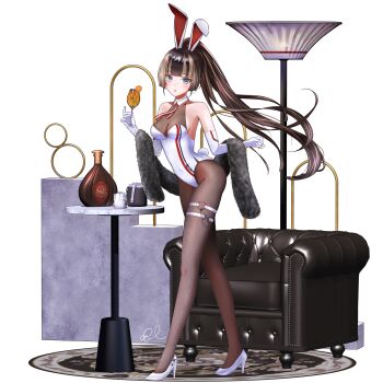 Rule 34 | 1girl, absurdres, alternate costume, animal ears, belt, black hair, black pantyhose, blue eyes, bottle, breasts, cleavage, cocktail glass, commentary request, couch, cup, drinking glass, egasumi, fake animal ears, full body, gloves, high heels, highres, holding, holding cup, hololive, hololive dev is, juufuutei raden, kail (u2m3i), lamp, leotard, long hair, looking at viewer, multicolored hair, nontraditional playboy bunny, o-ring, o-ring belt, pantyhose, rabbit ears, signature, solo, standing, streaked hair, table, thigh belt, thigh strap, transparent background, two-tone hair, virtual youtuber, white gloves, white hair, white leotard