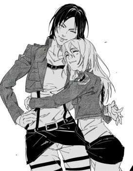 2girls arm_around_back arms_around_waist black_hair breasts closed_eyes closed_mouth cow cropped_jacket freckles hair_between_eyes hand_on_own_hip highres hug jacket krista_lenz light_blush long_hair medium_breasts military_jacket multiple_girls otakubblack pants parted_bangs parted_lips shingeki_no_kyojin shirt smile survey_corps_(emblem) suspenders thigh_strap white_background white_pants white_shirt ymir_(shingeki_no_kyojin) yuri