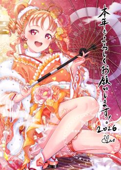 Rule 34 | 1girl, 2026, alternate costume, alternate hairstyle, commentary request, earrings, flower, highres, holding, holding umbrella, iroenpitsu xxx, japanese clothes, jewelry, kimono, love live!, love live! sunshine!!, open mouth, orange eyes, orange hair, orange kimono, short hair, solo, takami chika, teeth, translation request, umbrella, upper teeth only