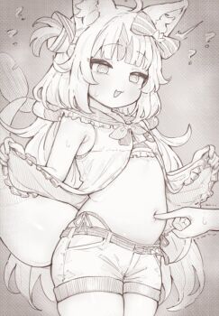 1girl 1other @_@ ^^^ animal_ear_fluff animal_ears blunt_bangs breasts cat_ears confused dress fins fish_girl fish_tail fokkahim7 frilled_sailor_collar frills indie_virtual_youtuber lifebuoy_hair_ornament lifting_own_clothes loli low_twintails monochrome nail_polish one_side_up open_clothes open_dress poking sailor_collar sameko_saba sameko_saba_(1st_costume) screentones small_breasts stomach surprised tail twintails virtual_youtuber