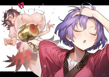 Rule 34 | !?, 2girls, alternate breast size (larger), black dress, black hair, blush, breast expansion, breasts, buttons, closed eyes, collarbone, commentary request, cone horns, dress, facing viewer, fingernails, grey horns, hand on own head, highres, holding, holding mallet, horns, huge breasts, japanese clothes, joker (stjoker), jujutsu kaisen, kijin seija, kimono, leaf print, letterboxed, long fingernails, long sleeves, mallet, maple leaf print, meme, miracle mallet, multicolored dress, multicolored hair, multiple girls, naoya hitting choso without looking (meme), open mouth, parody, partially unbuttoned, print kimono, purple hair, red dress, red eyes, red hair, red kimono, red nails, short hair, small horns, streaked hair, sukuna shinmyoumaru, touhou, white dress, wide sleeves