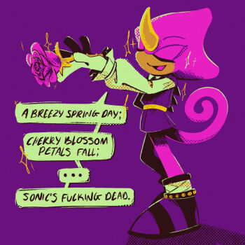 1boy closed_eyes commentary curled_tail english_commentary english_text espio_the_chameleon espio_the_chameleon_(poet) flower full_body furry furry_male gloves haiku highres holding holding_flower horns lemonlumens long_sleeves male_focus open_mouth poem profanity purple_background purple_flower purple_rose purple_theme reptile_boy rose shoes simple_background single_horn smile solo sonic_(series) sparkle speech_bubble standing tail the_murder_of_sonic_the_hedgehog white_gloves