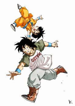 1boy 1girl black_hair boots brown_boots brown_sleeves dragon_ball highres kakeru_(dbskakeru) open_mouth orange_pants orange_shirt pan_(dragon_ball) pants shirt short_hair short_sleeves simple_background son_goten spiked_hair toriyama_akira_(style) white_background white_pants white_shirt