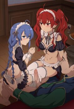 1boy 2girls absurdres ahoge alternate_hairstyle annoyed bdsm black_bra black_panties blue_eyes blue_hair bondage bound bra breasts brown_hair character_request covered_navel cuffs eris_greyrat handcuffs highres loli long_hair looking_at_another looking_to_the_side low_twintails maid maid_headdress medium_breasts miniskirt multiple_girls mushoku_tensei navel panties penis red_eyes red_hair roxy_migurdia short_hair shrug_(clothing) sitting sitting_on_lap sitting_on_person skindentation skirt small_breasts stomach tetsuffy_(tetsulul) thighhighs twintails underwear very_long_hair white_thighhighs