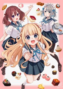 3girls ahoge black_pantyhose blonde_hair blue_eyes blue_ribbon blue_sailor_collar blue_skirt blush border brown_eyes brown_shoes commentary_request cup food food_request grey_hair hair_between_eyes highres holding holding_tray holding_wand knees_together_feet_apart loafers maid_headdress multiple_girls neck_ribbon original pantyhose pink_border plaid_clothes plaid_skirt purple_eyes ribbon rino_cnc sailor_collar saucer school_uniform serafuku shirt shoes short_hair skirt socks teacup teapot tray twintails unmoving_pattern wand white_background white_shirt white_socks