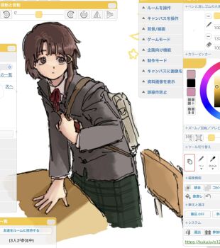 Rule 34 | 1girl, backpack, bag, bow, brown hair, collared shirt, hair ornament, hashtag-only commentary, highres, holding, holding bag, iwakura lain, long sleeves, painttool sai, pleated skirt, school uniform, serial experiments lain, shirt, short hair, sketch, skirt, tinpiragobou, translation request, x hair ornament