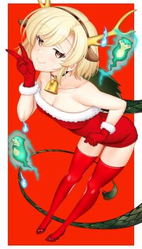 1girl alternate_costume animal_ears antlers blonde_hair breasts brown_eyes christmas cleavage dragon_girl dragon_horns dragon_tail dress fake_animal_ears fur-tipped_tail fur-trimmed_dress fur_trim gloves green_scales green_tail hataraki_kuma highres horns kicchou_yachie leaning_forward looking_at_viewer monster_girl otter otter_spirit_(touhou) red_background red_dress red_gloves red_shoes red_thighhighs santa_costume santa_dress scales shoes short_hair small_breasts smile solo strapless strapless_dress tail thighhighs touhou turtle_shell yellow_horns