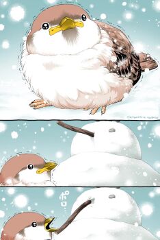 animal animal_focus bird commentary_request motion_lines open_mouth original outdoors snow snowing snowman stick ugebeso winter