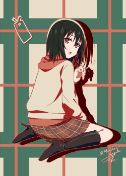 1girl black_boots black_hair bob_cut bookmark boots commentary_request drop_shadow fang highres hood hood_down looking_at_viewer looking_back love_live! love_live!_nijigasaki_high_school_idol_club mifune_shioriko open_mouth plaid_background plaid_clothes plaid_skirt red_eyes ric._(marchen_mozuku) short_hair signature sitting skirt solo twitter_username wariza