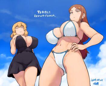 2girls bikini black_dress blonde_hair blush breasts brown_hair closed_eyes cloud commentary_request cowboy_shot dated dress facing_viewer large_breasts legs light_blush long_hair looking_at_viewer multiple_girls navel original outdoors short_hair signature sky smile stomach swimsuit thighs translation_request tsukudani_(coke-buta)