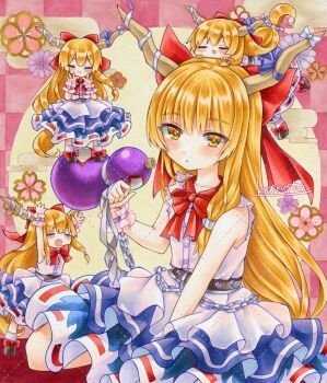 4girls =_= armpits bare_arms blonde_hair blue_overskirt blue_skirt blush bow bowtie chain checkered_background chibi clone collarbone commentary_request dotted_line fang footwear_bow four-finger_heart_hands frilled_wristband gourd hair_bow heart heart_hands highres horns ibuki_suika long_hair looking_at_viewer low-tied_long_hair multiple_girls multiple_persona on_head oni partial_commentary red_bow red_bowtie shirt skirt sleeveless sleeveless_shirt tears torn_clothes torn_shirt touhou traditional_media very_long_hair wassmint white_shirt