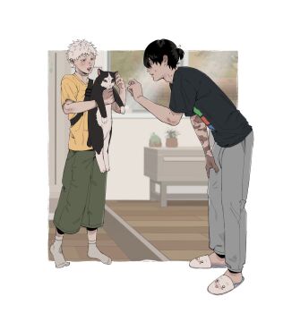Rule 34 | 2boys, animal, black hair, black shirt, blush, capri pants, cat, commentary request, full body, green pants, grey pants, highres, hikaru ga shinda natsu, holding, holding animal, holding cat, indou hikaru, k1tr jun, leaning forward, male focus, multiple boys, no shoes, pants, ponytail, red pupils, scar, scar on arm, scar on hand, scar on neck, shirt, short eyebrows, short hair, short ponytail, slippers, socks, standing, sweatpants, tsujinaka yoshiki, white hair, white socks, yaoi, yellow shirt