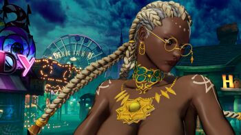 1girl 3d bodypaint braid braided_ponytail breasts dark-skinned_female dark_skin dolores_(kof) female_focus glasses gold green_eyes highres jewelry large_breasts long_hair outdoors round_eyewear the_king_of_fighters white_hair