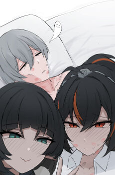 1boy 2girls absurdres bisexual_female blush cheekbones closed_mouth exhausted giving_up_the_ghost greyscale guy_tired_after_sex_(meme) hairband highres implied_bisexual jane_doe_(zenless_zone_zero) lipstick_mark lipstick_mark_on_face looking_at_viewer meme metal_hairband monochrome multicolored_hair multiple_girls namikare on_bed ponytail selfie smile streaked_hair sunken_cheeks v wise_(zenless_zone_zero) zenless_zone_zero zhu_yuan
