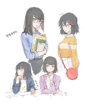 2girls bag blush book desk food_print fruit_print gloves handbag highres imagining jacket jibek_lily kill_la_kill kiryuuin_satsuki lemon_print matoi_ryuuko multiple_girls pen shirt_tucked_in short_hair siblings sisters sitting sweater thinking