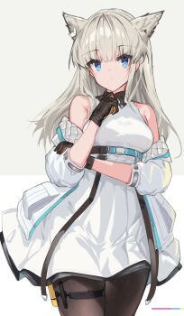 1girl :/ absurdres animal_ears arknights arknights:_endfield bare_shoulders belt bird_ears bird_girl black_gloves black_pantyhose blue_eyes breasts commentary_request cowboy_shot crossed_arms dress expressionless gloves grey_background grey_hair hand_up high_belt highres jacket long_hair long_sleeves looking_at_viewer medium_breasts multicolored_gloves off_shoulder open_clothes open_jacket pantyhose perlica_(arknights) short_dress simple_background sleeveless sleeveless_dress solo thigh_strap two-sided_gloves two-tone_gloves vial white_dress white_jacket yellow_gloves yellow_pupils yki