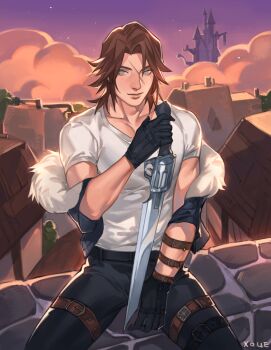 1boy arm_belt backlighting belt between_legs black_belt black_gloves black_pants blue_eyes brown_hair building castle cloud commentary cowboy_shot cropped_jacket english_commentary final_fantasy final_fantasy_viii fur-trimmed_jacket fur_trim gloves gun gunblade hand_between_legs hand_up highres holding holding_gun holding_weapon jacket kingdom_hearts kingdom_hearts_ii light_smile looking_to_the_side male_focus medium_hair off_shoulder outdoors pants purple_sky scar scar_on_face shirt short_sleeves sitting sky solo spread_legs squall_leonhart star_(sky) stone_wall thigh_belt thigh_strap toned toned_male town tree twilight upper_body v-neck weapon weapon_between_legs white_shirt xin_(cveol)