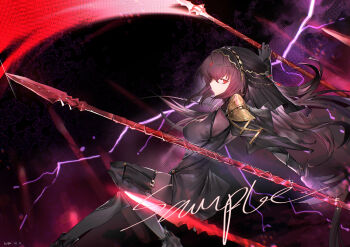 1girl absurdres bodysuit breasts commentary_request fate/grand_order fate_(series) gae_bolg_(fate) highres holding large_breasts long_hair looking_at_viewer milbi polearm purple_bodysuit purple_hair red_eyes scathach_(fate) solo spear very_long_hair weapon