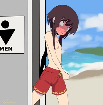 1girl beach blue_sky blurry blurry_background blush brown_hair closed_mouth constricted_pupils cowboy_shot crossdressing crossdressing_(ftm) day drawstring embarrassed female_focus female_pervert flat_chest full-face_blush highres kono_subarashii_sekai_ni_shukufuku_wo! maho_malice male_swimwear male_swimwear_challenge medium_hair megumin nipples ocean outdoors pervert public_indecency red_eyes red_male_swimwear red_swim_trunks sand sky solo source_request swim_trunks swimsuit topless_female