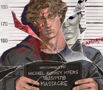 Rule 34 | 1boy, blood, blood on face, brown hair, commentary, crack, cracked glass, english commentary, grey jacket, halloween (movie), highres, icezero09, jacket, looking at viewer, male focus, michael myers, mugshot, revealing layer, scar, scar across eye, scar on face, short hair, solo, upper body