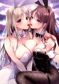 Rule 34 | 2girls, absurdres, animal ear hairband, animal ears, armpit crease, artist name, ayase hazuki, bare arms, black bow, black bowtie, black hairband, black leotard, black pantyhose, blonde hair, blurry, blurry background, bow, bowtie, breast on breast, breasts, brown hair, cherry, choppy bangs, cleavage, cocktail glass, cowboy shot, cup, dengeki moeoh, detached collar, drinking glass, fake animal ears, fake tail, fishnet pantyhose, fishnets, food, fruit, hairband, hand up, highres, holding, holding cup, large breasts, leotard, light blush, lips, long hair, long sidelocks, looking at viewer, magazine scan, matching outfits, multiple girls, nail polish, original, page number, pantyhose, parted lips, playboy bunny, purple eyes, rabbit ear hairband, rabbit ears, rabbit tail, red eyes, red nails, scan, shared food, shiny skin, sidelocks, straight hair, strapless, strapless leotard, tail, thigh strap, third-party source, tongue, tongue out, white bow, white bowtie, white hairband, white leotard, white pantyhose, white wrist cuffs, wrist cuffs, yuri