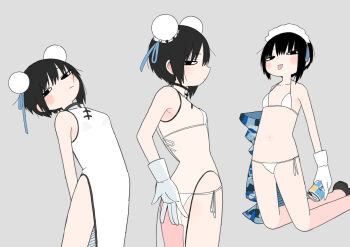 1girl abe_tomomi bikini black_hair blue_ribbon blush breasts bun_cover can china_dress chinese_clothes commentary_request double_bun dress gloves grey_background hair_bun original ribbon short_hair simple_background swimsuit white_bikini white_dress white_gloves