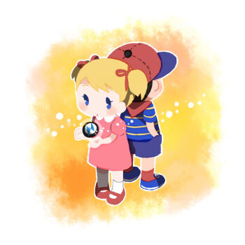 Rule 34 | 1boy, 1girl, ana (mother), back-to-back, blonde hair, blue eyes, contrast collar, dress, franklin badge, full body, hands in pockets, looking ahead, mary janes, mother (series), mother 1, ninten, nintendo, pac-man eyes, pink dress, red ribbon, red shoes, ribbon, shirt, shoes, short hair, socks, striped clothes, striped shirt, tanba (tanba-art), white socks