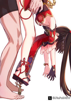 1boy 1girl absurdres anger_vein bare_shoulders black_gloves black_sash black_shorts breasts brown_hair dangling detached_sleeves dress from_side gloves hanging_legs height_difference highres honkai:_star_rail honkai_(series) implied_sex japanese_clothes jimpu6 lifting_person long_hair medium_breasts non-web_source red_dress red_sleeves sash shorts single_glove sparkle_(honkai:_star_rail) torso_grab twintails twitter_username white_background