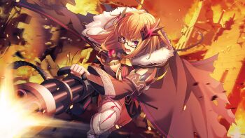 1girl ahoge blonde_hair book boots braid breasts breath_weapon breathing_fire burning campfire cape cleavage coat deep_one_kyomu_to_mugen_no_fragment dusk embers evening explosion fire firing flaming_sword flaming_weapon floating_hair fur-trimmed_cape fur-trimmed_gloves fur_collar fur_trim glasses gloves gun hair_ornament helmet holding holding_book holding_sword holding_weapon kirie_kirihara large_breasts lava long_hair non-web_source open_book open_mouth orange_background orange_sky red-framed_eyewear red_eyes red_sky semi-rimless_eyewear sky solo sunset sword thighhighs torch under-rim_eyewear v-shaped_eyebrows weapon