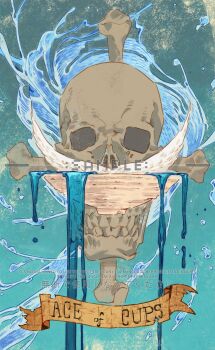 Rule 34 | card (medium), commentary, english commentary, facial hair, highres, mustache, no humans, one piece, sample watermark, siyangou49, skull, tarot, tarot (medium), water, watermark