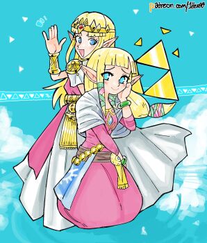 Rule 34 | 1her0, 2girls, armor, blonde hair, blue background, blue eyes, blue gemstone, blunt bangs, bracelet, cape, chest jewel, circlet, cloud, commentary, dress, dual persona, english commentary, full body, furrowed brow, gem, gold, gold bracelet, gold circlet, hand on own cheek, hand on own face, hand up, highres, jewelry, kneeling, long hair, long pointy ears, long sidelocks, looking at viewer, low-tied long hair, multiple girls, nintendo, open mouth, pointy ears, princess zelda, red gemstone, shoulder armor, sidelocks, smile, standing, standing on liquid, the legend of zelda, the legend of zelda: a link between worlds, the legend of zelda: skyward sword, triforce, waving, white cape, white dress