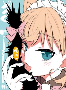 2girls blue_background blue_eyes blush bow bowtie cat_brooch colored_speech_bubble commentary_request grabbing_another&#039;s_tail hinoshita_kaho licking_another&#039;s_tail link!_like!_love_live! looking_at_viewer love_live! maid maid_headdress medium_hair momose_ginko multiple_girls nyan_nyan_nyan_fair_in_gamers official_alternate_costume orange_hair pink_bow pink_bowtie portrait slit_pupils solo_focus speech_bubble tail tail_bow tail_focus tail_ornament tongue tongue_out virtual_youtuber yukiri_takashi yuri