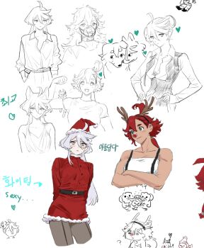 Rule 34 | 2girls, animal ears, antlers, baesong, belt, black pantyhose, blue eyes, cat ears, closed mouth, commentary request, cosplay, crossed arms, dress, grey eyes, gundam, gundam suisei no majo, hair bun, hairband, hat, heart, highres, horns, kemonomimi mode, korean commentary, korean text, miorine rembran, multiple girls, muzzle (mask), open clothes, open shirt, pantyhose, partially colored, ponytail, red hair, reindeer antlers, rudolph the red nosed reindeer, rudolph the red nosed reindeer (cosplay), santa costume, santa dress, santa hat, simple background, smile, suletta mercury, thick eyebrows, translation request, white background, white hair