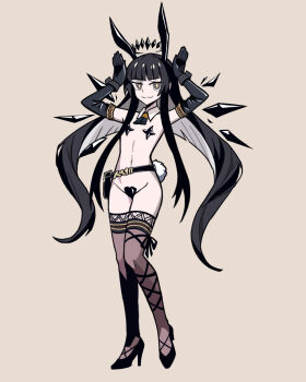 1girl animal_ears arknights ascot black_ascot black_eyes black_gloves black_hair black_halo black_shoes black_thighhighs blunt_bangs chinese_commentary colored_inner_hair commentary_request detached_collar detached_wings elbow_gloves energy_wings fake_animal_ears full_body gloves halo hands_up high_heels highres hydrogina long_hair long_sidelocks looking_at_viewer midriff multicolored_hair navel parody pasties playboy_bunny rabbit_ears rabbit_pose rabbit_tail ringed_eyes shoes sidelocks solo star_(symbol) star_pasties style_parody tail thighhighs twintails vanripper_(style) virtuosa_(arknights) white_hair wings yellow_background