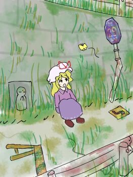 1girl blonde_hair blush brown_shoes bug butterfly collared_shirt commentary_request construction_site fence hat hat_ribbon insect jizou kannsoupannpa looking_up maribel_hearn medium_hair mob_cap open_mouth overgrown purple_shirt purple_skirt red_ribbon ribbon road_sign shirt shoes sign sitting skirt solo taboo_japan_disentanglement touhou waking_up