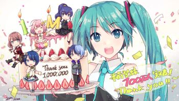 1boy 5girls :d ^_^ aoyagi_touya aqua_eyes aqua_hair aqua_necktie arms_up asahina_mafuyu black_dress black_shoes black_sleeves black_socks blue_eyes blue_hair blurry blurry_background blush brown_hair cake candle closed_eyes closed_mouth commentary_request confetti cream detached_sleeves dress food fruit full_body grey_eyes guest_art hatsune_miku highres holding holding_food holding_fruit holding_plate idol_clothes ixima kiritani_haruka long_hair long_sleeves milestone_celebration mochizuki_honami multicolored_hair multiple_girls necktie official_art ootori_emu open_mouth pink_dress pink_hair plate ponytail project_sekai puffy_short_sleeves puffy_sleeves purple_hair second-party_source shirt shoes short_sleeves side_ponytail sitting smile socks split-color_hair strawberry teeth thank_you tongue translation_request twintails two-tone_hair upper_teeth_only very_long_hair vocaloid white_shirt