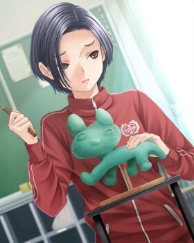 1girl annoyed black_hair board_eraser brown_eyes bulletin_board cat chalkboard chisel classroom curtains day dutch_angle frown gym_uniform hands_up highres holding holding_chisel indoors jacket kobayakawa_rinko long_sleeves looking_to_the_side love_plus official_art paper pink_lips pocket red_jacket school sculpture shelf short_hair solo turtleneck upper_body zipper zipper_pull_tab