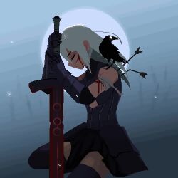 Rule 34 | 1girl, animal, animal on shoulder, animated, armor, arrow (projectile), arrow in body, artoria pendragon (fate), bandages, bird, bird on shoulder, blood, closed eyes, crow, excalibur morgan (fate), fate/stay night, fate (series), faulds, fog, from side, full moon, gauntlets, greatsword, head bowed, injury, long hair, looping animation, moon, pixel art, planted, planted sword, planted weapon, profile, saber alter, scratches, sitting, solo, sword, tagme, video, weapon, white hair, wind, zzzz jinnn