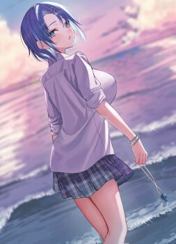 1girl absurdres bare_legs blue_eyes blue_hair blurry blurry_background bracelet breasts cloud dawn dusk dutch_angle from_behind gradient_sky hair_ornament hairclip highres holding holding_string jewelry kanojo_wo_ubatta_ikemen_bishoujo_ga_nazeka_ore_made_neratte_kuru large_breasts looking_back mizushima_shizuno novel_illustration ocean official_art parted_lips plaid_clothes plaid_skirt sanada_keisui second-party_source shirt short_hair skirt sky sleeves_rolled_up solo sparkle string swept_bangs waves white_shirt