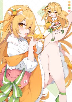1girl :d :o absurdres blonde_hair brown_eyes chibi collared_shirt color_guide commission dotted_line dress_shirt fang food food_request frilled_skirt frills hair_between_eyes highres holding holding_food knee_up leg_up long_hair looking_at_viewer multiple_views nibiiro_shizuka open_mouth orange_skirt original shirt skeb_commission skirt smile very_long_hair white_background white_shirt